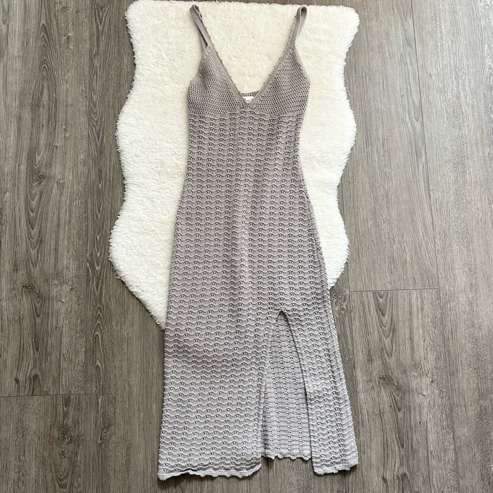 Wilfred Light Gray Evie Crochet Knit Midi Dress